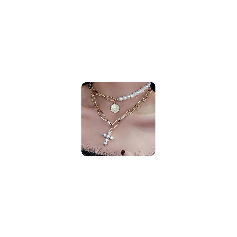 Bohemia Layered Choker Necklace Pearl Cross Necklace Coin Neckalce Gold Disc Coin Pearl Cross Charm Pendant Necklace for Women and Girls
