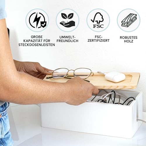 | Wood Cable Management Box White [Set of Two] Large &amp; Medium Cord Organizer Box Set to Hide Wires &amp; Power Strips | Cable Storage Box | TV, Desk, Computer, Router Cord Organization
