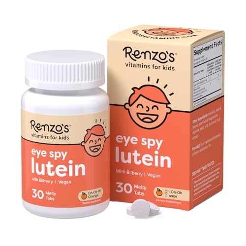 Renzo's Eye Spy Lutein with Bilberry Extract, Dissolvable Kids Vitamins for Eye Health, Sugar-Free Supplements, 30 Orange-Flavored Melty Tabs