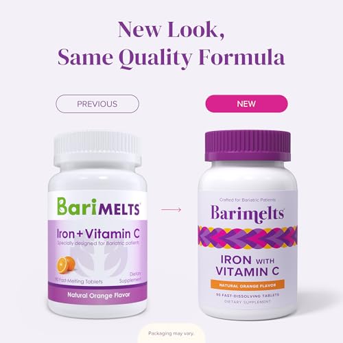 Barimelts Iron with Vitamin C, 90 Fast-Dissolving Tablets (1-Month Supply), Sugar-Free Bariatric Iron Supplement for Women, Natural Orange Flavor