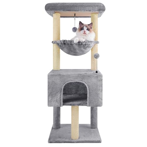 ROYPET Multi-Level Cat Tree for Indoor Cats, Cat Tree Tower with Big Condo, Cat Tower with Cat Hammock, Indoor Climbing Activity Tower with Scratching Posts, Small Space, Grey