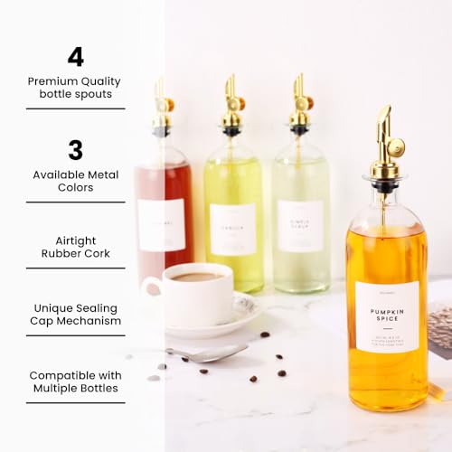 Liquor Pour Spout Made of Stainless Steel with Automatic Anti-Oxidation Mechanism, Bottle Pourers for Alcohol, Olive Oil Dispenser Spout, Wine Pourer Spout, Oil Bottle Spout, Pack of 4, Gold