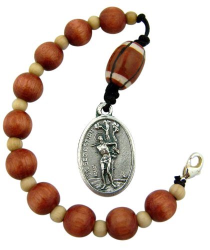 One Decade Wood Rosary with Saint Sebastian Medal Bag Clip for Football Athlete