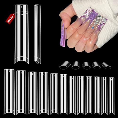 504Pcs XXL No C Curve Nail Tips for Acrylic Nails Professional Set, Straight Square Clear Nail Tips Half Cover Long Fake Nails, Ballerina Shaped French Nails for Nail Salon and DIY Nail Art