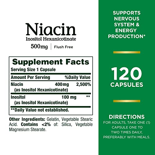 Nature's Bounty Niacin 500mg Flush Free, Cellular Energy Support, Supports Nervous System Health, 120 Capsules