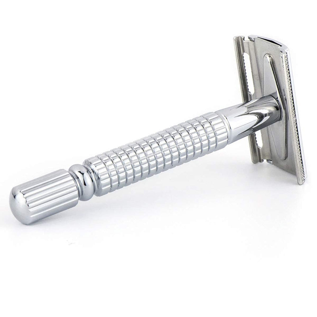 Eco Classic Metal Double Edge Safety Razor Close Wet Shaving for Men Women with 1 Platinum Swedish Blade, Silver BT131