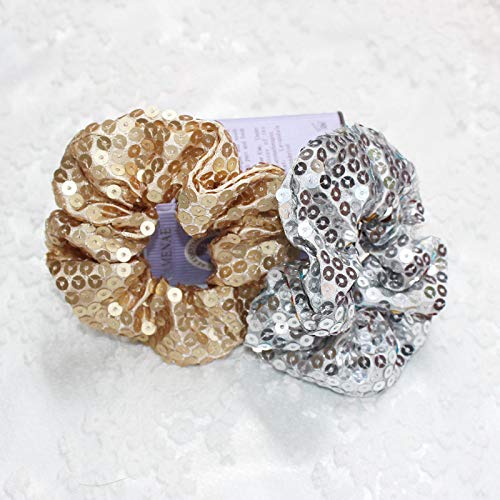 4 Pack Gold and Silver Metallic Sequin Elastic Hair Scrunchies Mermaid Bobbles Hair Ties Hair Rope Wrist Scrunchy Hair Bands for Show Party School Women Girls