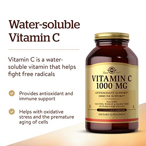 Solgar Vitamin C 1000 mg, 250 Vegetable Capsules - Antioxidant &amp; Immune Support - Overall Health - Healthy Skin &amp; Joints - Bioflavonoids Supplement - Non GMO, Vegan, Gluten No, Kosher - 250 Servings