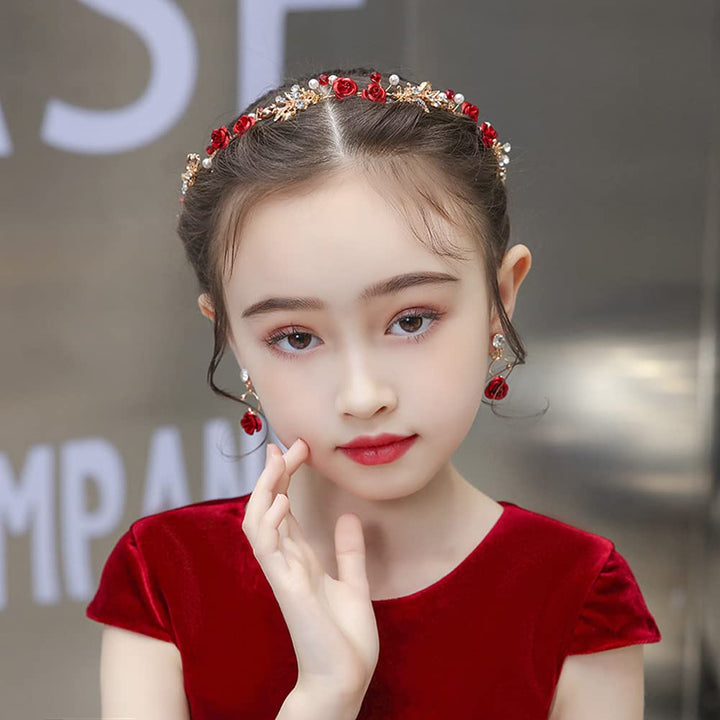 2 Pcs Red Flower Crown Headband Rhinestone Pearl Tiara Red Rose Bride Crown Crystal Red Headband Wedding Headpiece Hair Jewelry for Women