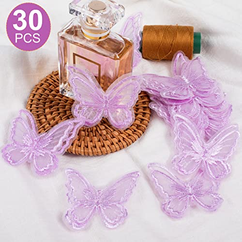 30pcs Butterfly Lace Trim, Double Layers Organza Fabric Embroidery Sewing Craft Decor Applique Patches for Wedding Bride Hair Accessories Dress Decoration (Purple)