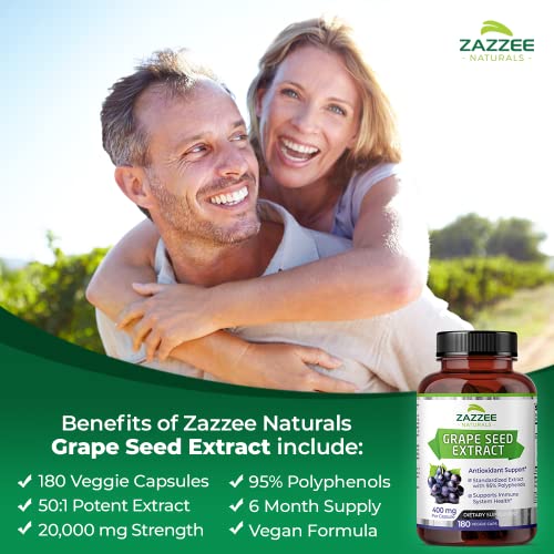 High Strength Grape Seed 50:1 Extract, 180 Vegan Capsules, 95% Polyphenols, 400 mg per Capsule, 6 Month Supply, Standardized and Concentrated 50X Extract, Non-GMO, Made in The USA