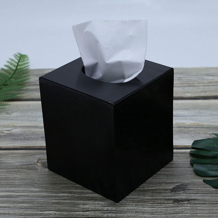 Square Tissue Box Cover, Matt Black Tissue Box Holder, Modern Bamboo Facial Paper Holder for Kitchen, Countertop, Bathroom, Desktop, Living Room, Car, Office