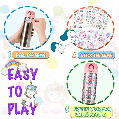 YOFUN Decorate Your Own Water Bottle with 11 Sheets of Unicorn Stickers &amp; Glitter Gems, Craft Kit &amp; Art Kit for Children, Gift for Girls Age 4 5 6 7 8 9 10 Years Old Kids, BPA Free Insulated (Silver)