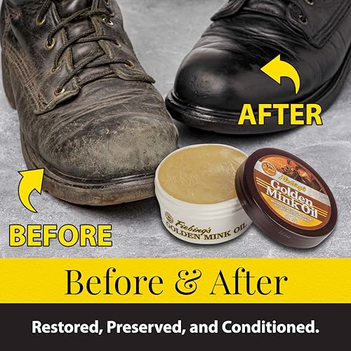 Fiebing&#39;s Golden Mink Oil for Leather Boots (6 oz) - Leather Cleaner &amp; Conditioner - Waterproof, Preserve, Soften All Smooth Leathercraft &amp; Vinyl - Prevents Salt Stains - Use On Couch, Shoe, Purse