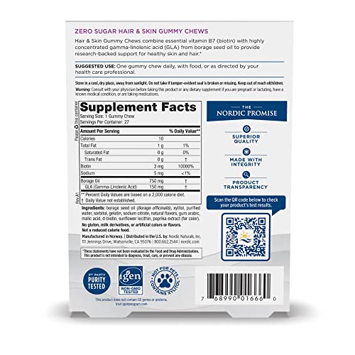 Zero Sugar Hair &amp; Skin Gummy Chews, Strawberry Lemonade - 27 Gummy Chews - Biotin + GLA from Borage Oil - Promotes Healthy Balance of Fats in Skin - Non-GMO - 27 Servings