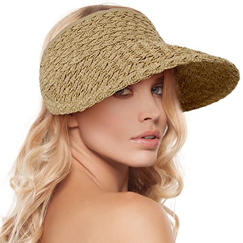 Straw Visor Hat for Women Wide Brim Womens Straw Hat Womens Sun Hat Womens Golf Visor Hats for Women Fashionable Sun Visor Hat for Women, Brown Mix