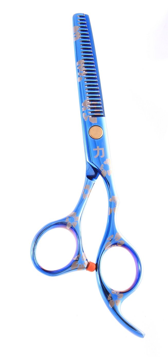 30 Tooth Titanium Flowered Thinner with Fixed Finger Rest, Blue 6.0 Inch, 3.5 Ounce