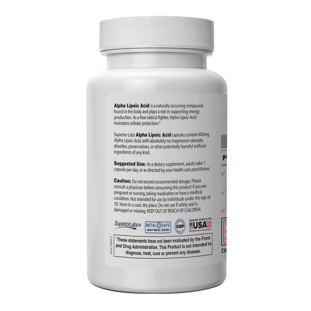 Alpha Lipoic Acid - Pure Non-GMO ALA 600mg (4 Month Supply) 120 Servings - Zero Synthetic Additives - Supports Healthy Aging, Nerve Health, Tingling Feet, Hands & Overall Wellbeing