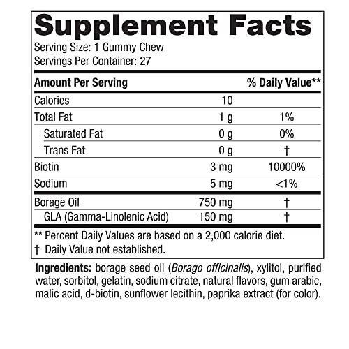 Zero Sugar Hair & Skin Gummy Chews, Strawberry Lemonade - 27 Gummy Chews - Biotin + GLA from Borage Oil - Promotes Healthy Balance of Fats in Skin - Non-GMO - 27 Servings