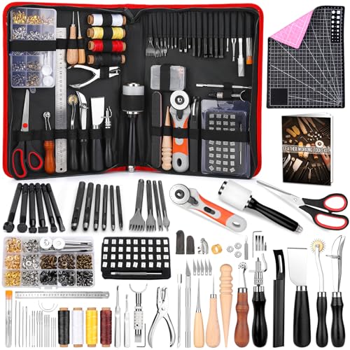 415 PCS Leather Working Kit, Leather Tool Kit, Leather Crafting Kit with Leather Working Tools Punching Sewing Stamping Sanding Tools for Leather Working Professional