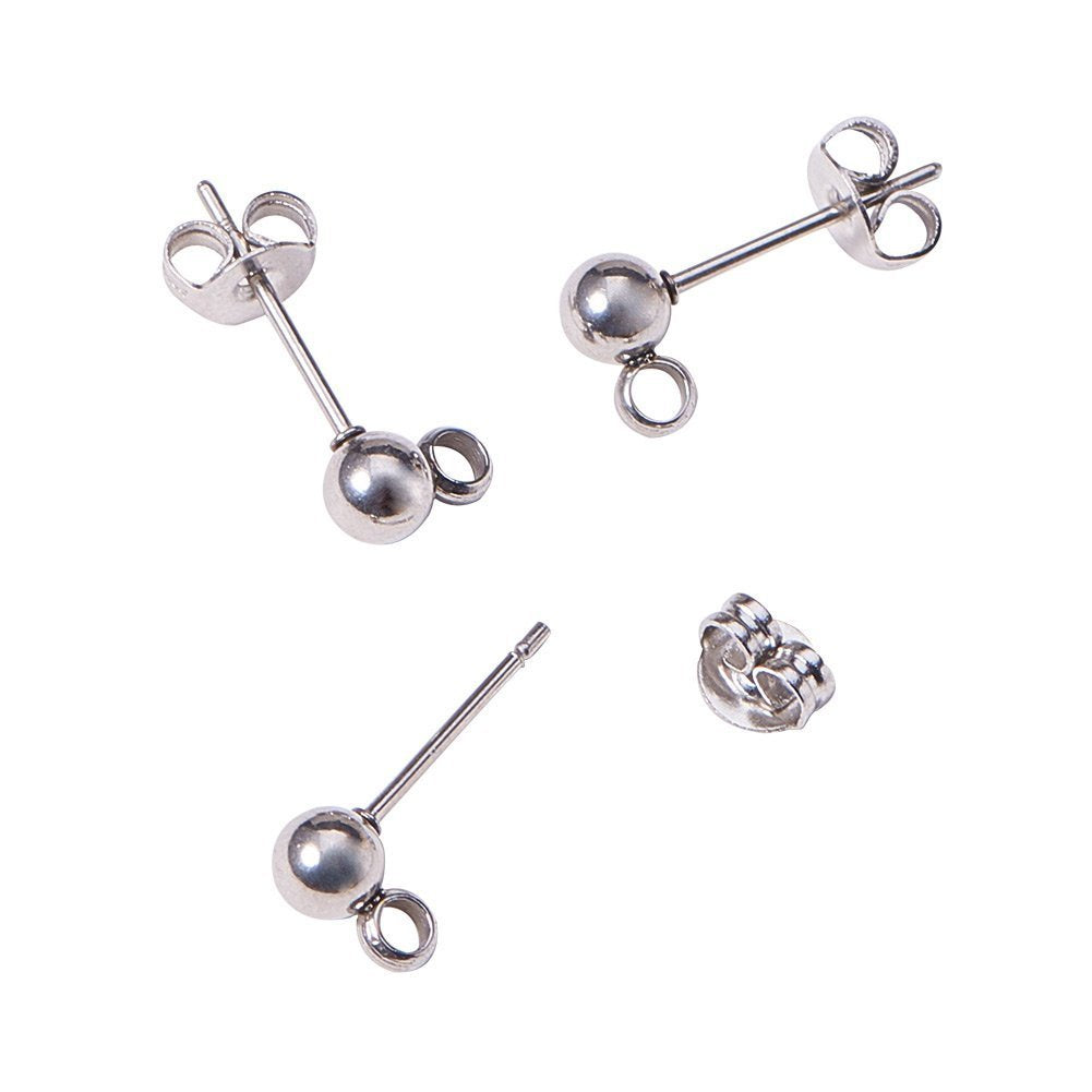 100 Round Ball with Ring Iron Earrings Posts for Jewelry Earring Making Findings (Silvertone, 6mm)