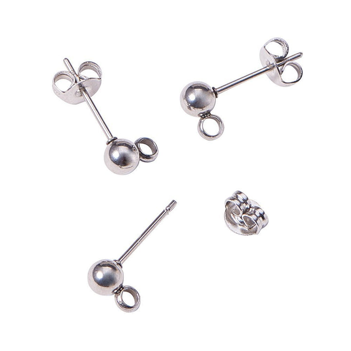 100 Round Ball with Ring Iron Earrings Posts for Jewelry Earring Making Findings (Silvertone, 6mm)