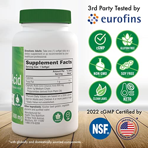 Caprylic Acid 600mg 200 Softgels | C8 Octanoic Acid from Pure 1g MCT Oil | Non-GMO &amp; Soy Free | Support Healthy Digestive and Intestinal Health | Keto Friendly