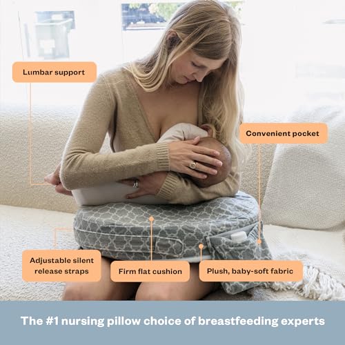 Nursing Pillow - Deluxe - Enhanced Comfort w/ Slipcover - Ergonomic Breastfeeding Pillow For Ultimate Support For Mom &amp; Baby - Adjustable Pillow W/ Handy Side Pocket, Flower Key Grey