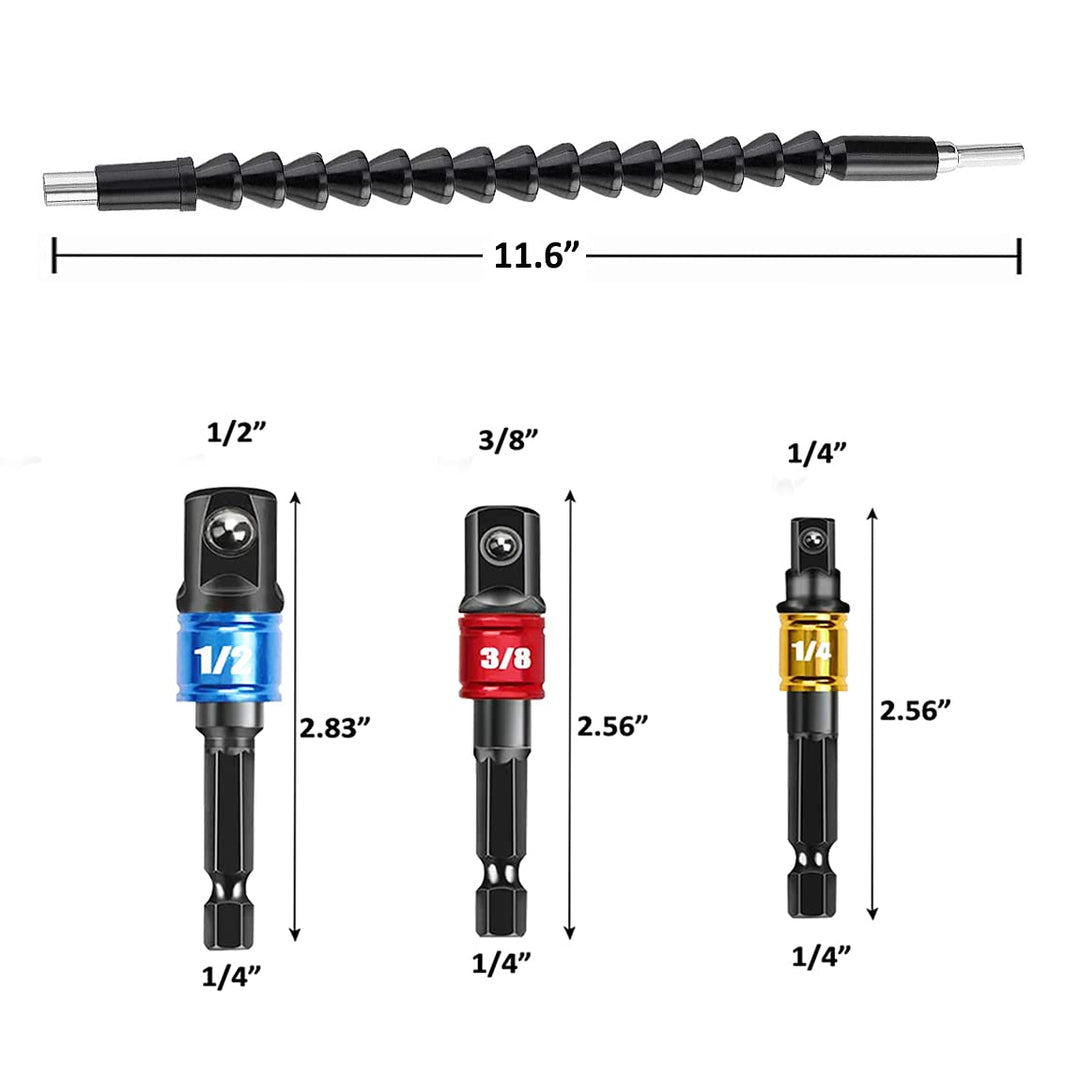 Impact Grade Sockets Adapter Driver Extension Set: 3Pcs 1/4 3/8 1/2 Hex Shank Drill Nut Driver Bit,105 Degree Right Angle Screwdriver Attachment,Flexible Shaft Extension Bit,Magnetic Bit Holder Set
