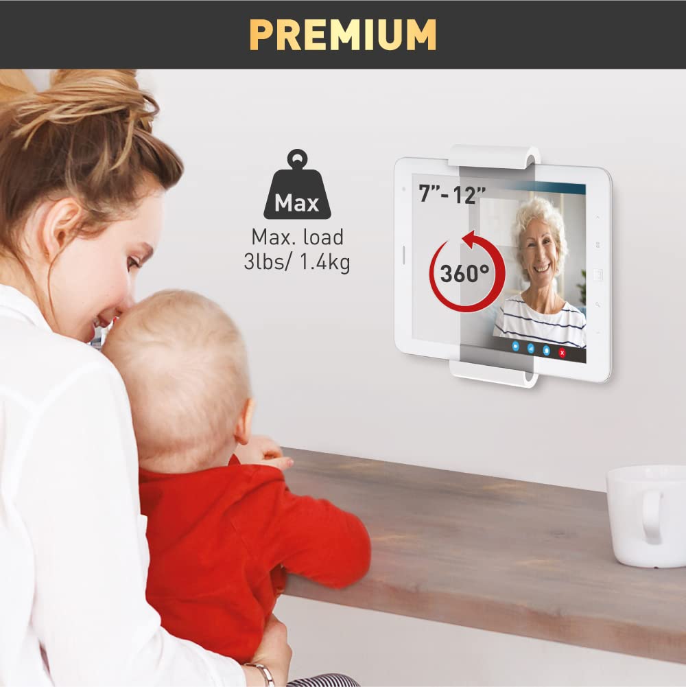 7-12 inch Fixed Tablet Wall Mount 3 lbs White Firm Tablet Clamp 360 Degree Rotation Very Low Profile