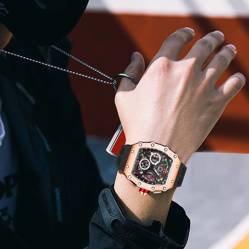 Mens Luxury Tonneau Square Watches Analog Punk Chronograph Unique Sports Wrist Watch Japanese Movement Luminous Design with Rubber Band (Rosegold Black)