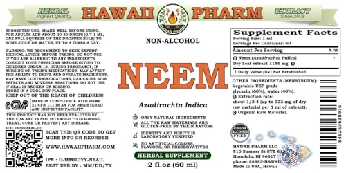 Neem Alcohol-Free Liquid Extract, Organic Neem (Azadirachta Indica) Dried Leaf Glycerite Natural Herbal Supplement, , USA 2 fl.oz