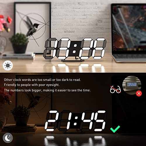 3D LED Clock Desk Alarm Clock Wall Clock with Remote Control, 9.7 LED Electronic Clocks, Snooze Model, Temperature, Night Light Auto/Custom Brightness