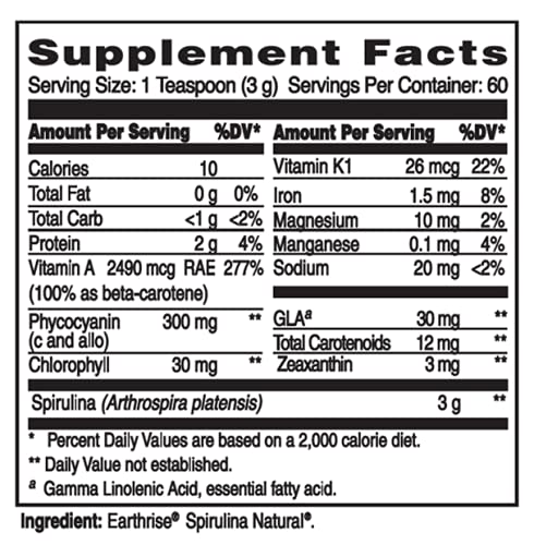 Spirulina Natural 6.4oz Powder, Natural Premium Spirulina from California- Vegan, Gluten Free, Keto Friendly, Non -GMO Super Food high in Vitamins & Minerals.