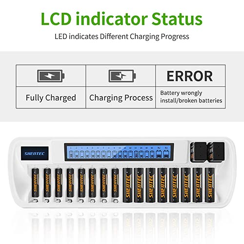 16+2 Bay Smart Rechargeable Battery Charger with LCD Display for AA AAA NiMH Batteries &amp; Li-ion 9V Rechargeable Batteries with AC Wall Adapter (Not Fit for AA AAA Li-ion Batteries)