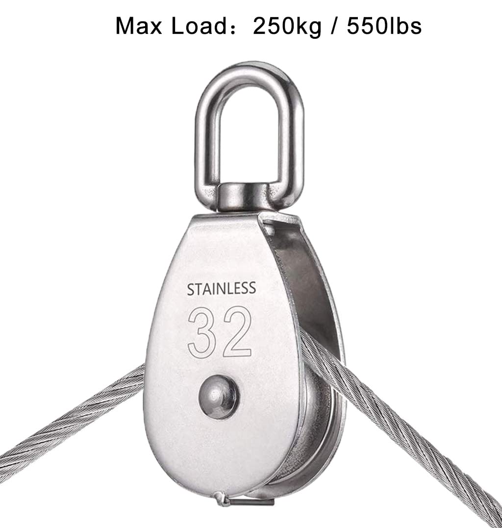 Single Pulley Block Sets, 304 Stainless Steel Lifting Single Pulley Block Cable Wire Towing Wheel with Snap Hook Clip (M32/32mm, 1PC)