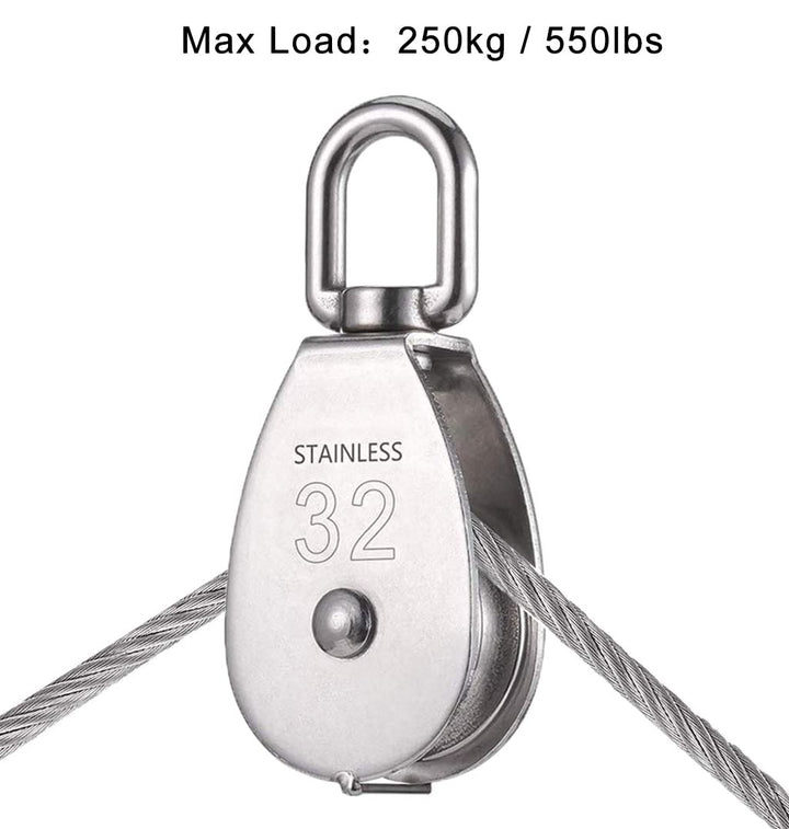 Single Pulley Block Sets, 304 Stainless Steel Lifting Single Pulley Block Cable Wire Towing Wheel with Snap Hook Clip (M32/32mm, 1PC)