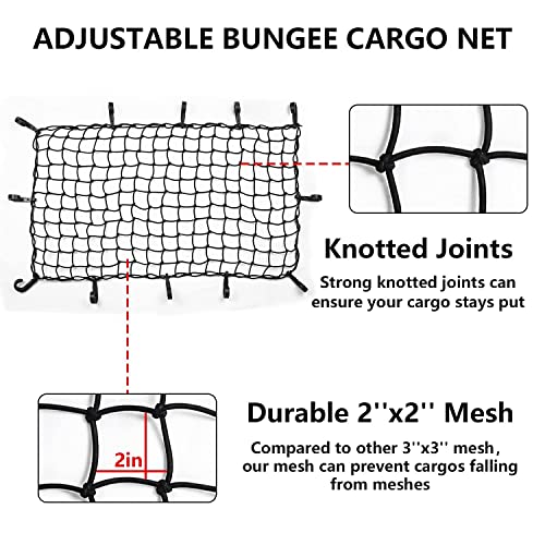 22x38 Cargo Net Stretches to 44x76, Latex Bungee Cargo Net with 2X2 Small Mesh and 12 Adjustable Plastic Hooks, for Car ATV Boat SUV Van Trailer Snowmobile (Black)