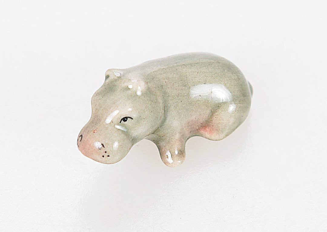 Tiny 1¼ Gray Sitting Hippopotamus Figurine - Miniature Hand Made Painted Ceramic Hippo African Aquatic Mammal Wildlife Animals Cute Porcelain Decorative Collectible Figures Décor Gifts