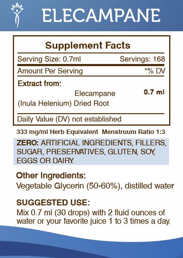 Elecampane Alcohol-Free Liquid Extract, Elecampane (Inula Helenium) Dried Root Tincture Supplement (4 FL OZ)