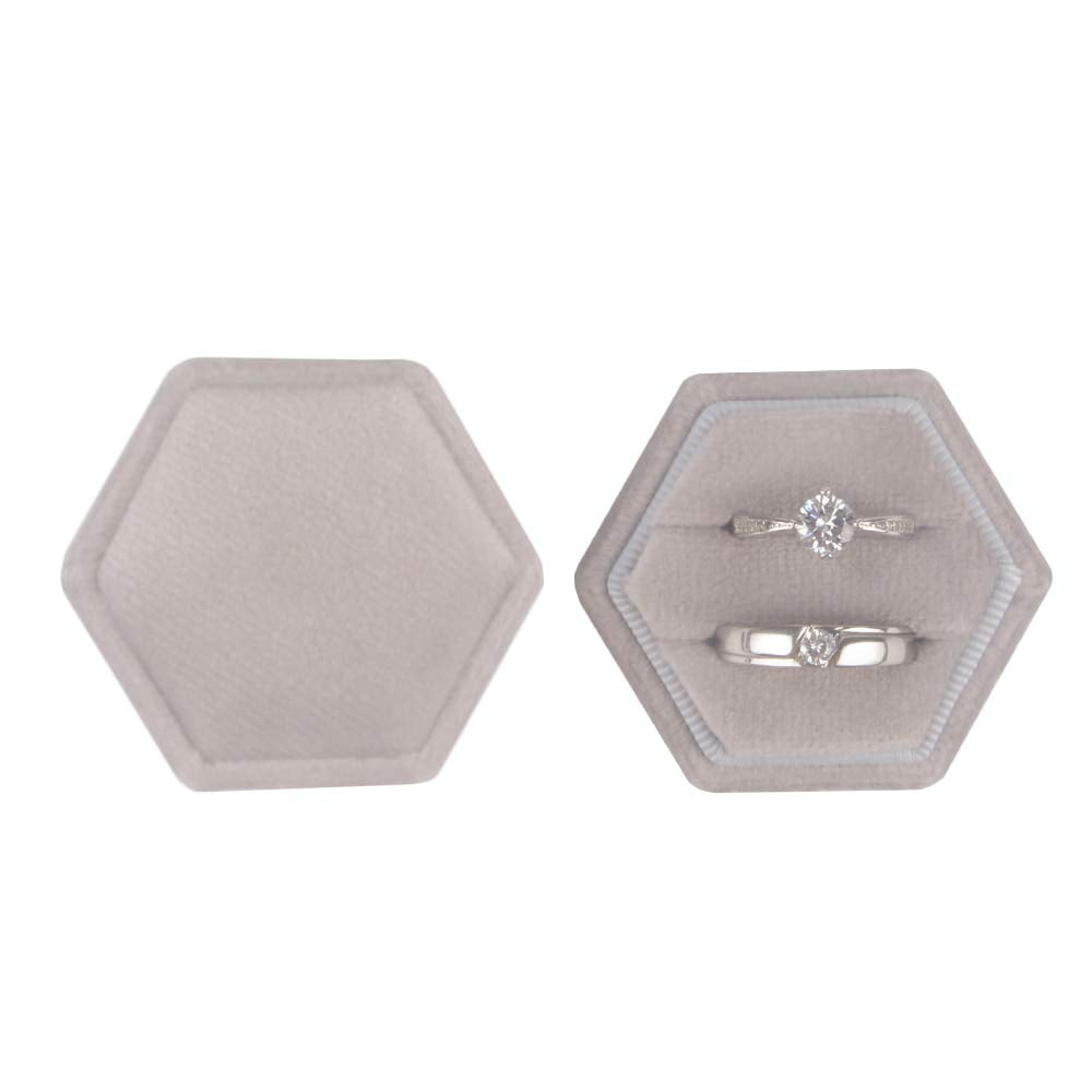 Velvet Ring Box Hexagon - Premium Gorgeous Vintage Double Ring Display Holder with Detachable Lid for Proposal, Engagement, Wedding, Ceremony (Gray)