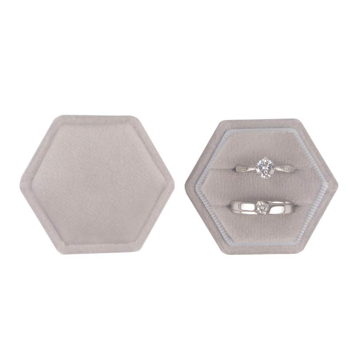 Velvet Ring Box Hexagon - Premium Gorgeous Vintage Double Ring Display Holder with Detachable Lid for Proposal, Engagement, Wedding, Ceremony (Gray)