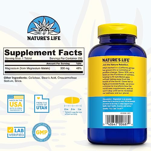 Renewing Magnesium Malate 200 mg - One Per Day - Muscle, Heart, Nerve Health, and Bone Support - Maximum Absorption - Lab Verified - 60-Day Guarantee - 250 Servings, 250 Tablets