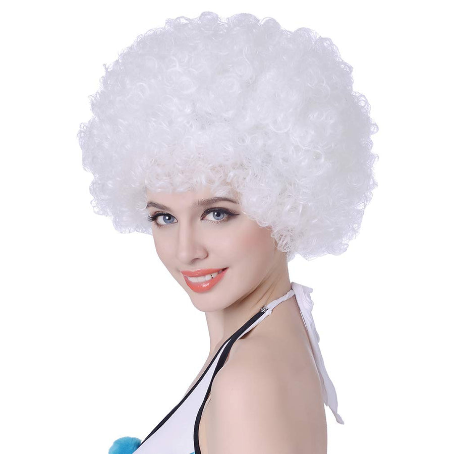Unisex Short Afro Wig-12 Kinky Curly Synthetic Halloween Party Costume Hippie 70s Disco Cosplay Hair Wigs (white)