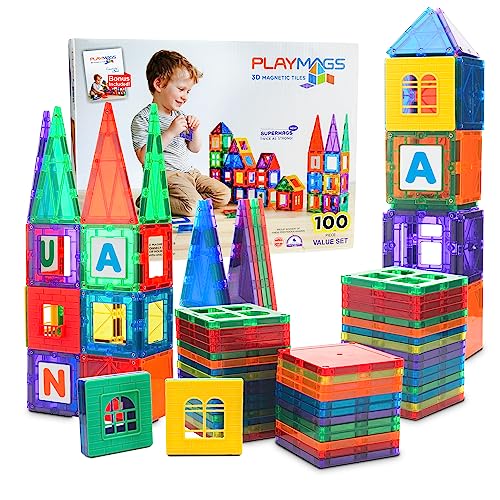Playmags 100-Piece Magnetic Tiles Building Blocks Set, 