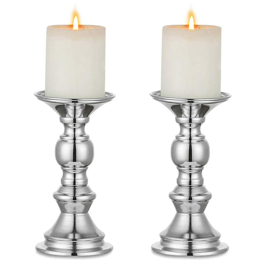 Nuptio Silver Pillar Candle Holders, Wedding Centerpieces Metal Candle Holder for 50mm Candles Stand Decoration Ideal for Weddings Special Events Parties Living Room, 2 Pcs