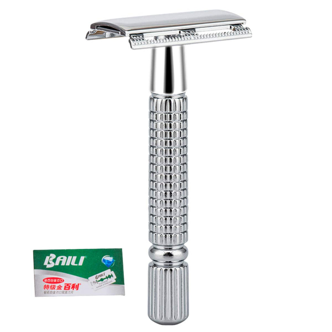 Eco Classic Metal Double Edge Safety Razor Close Wet Shaving for Men Women with 1 Platinum Swedish Blade, Silver BT131