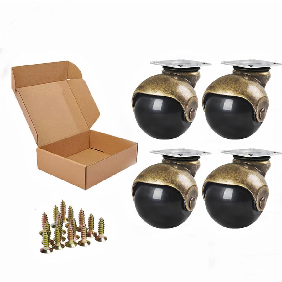 Ball Caster Wheels, 1.5-inch Small Wheels for Furniture, Swivel Furniture Casters Set of 4, Antique Brass Top Plate Casters for Furniture, Ottoman, Wheelchair, Coffee Table (Screws Included)