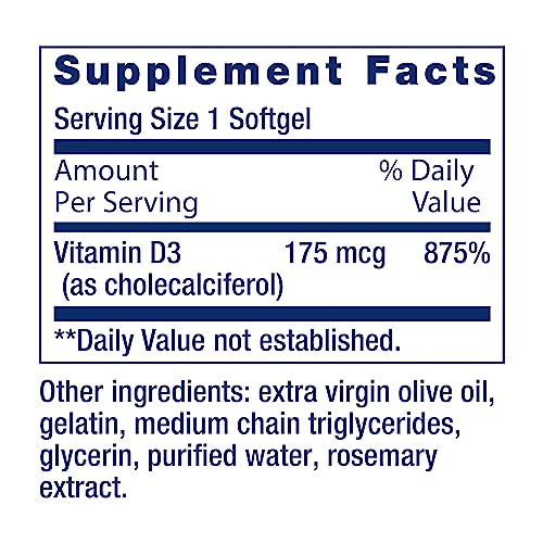 Vitamin D3 175 mcg (7000 IU), Immune System Support, Bone Health, Brain Performance, Gluten-Free, Non-GMO, Once Daily, Two-Month Supply, 60 softgels
