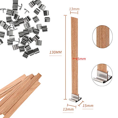 50 Pieces Smokeless Wooden Wicks with Trimmer for Candle Making and 5.1 X 0.2 inch Booster - 5.1 X 0.5 inch Crackling Wood Wick for DIY Candles with 50pcs Metal Clips